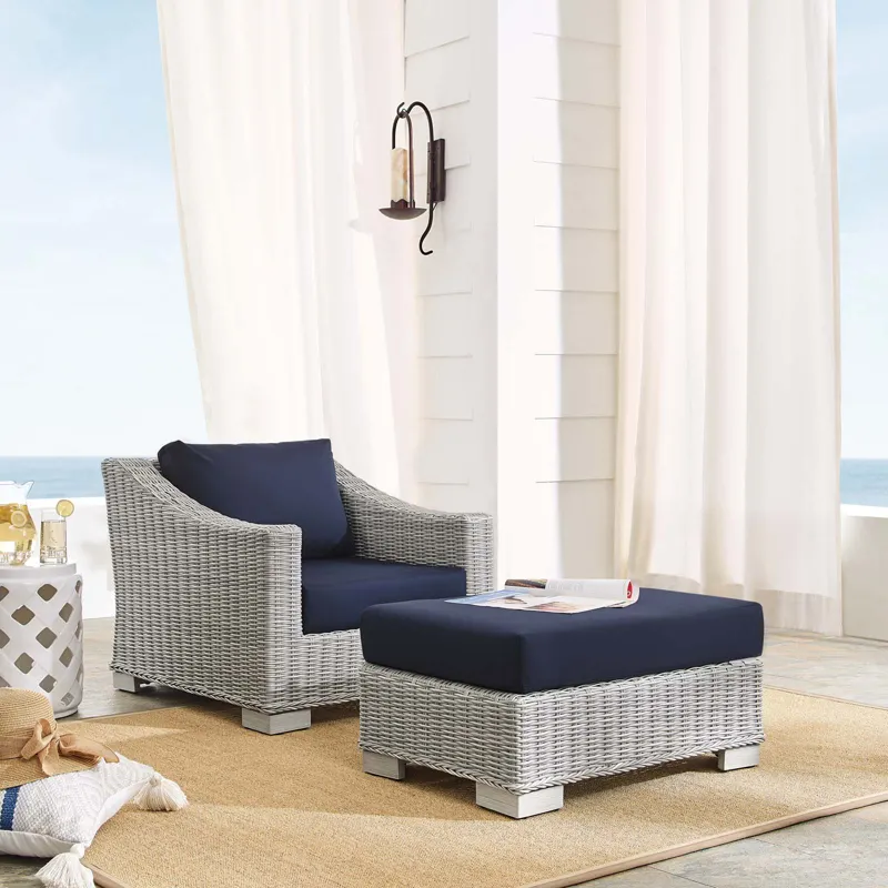Conway Sunbrella Outdoor Patio Wicker Rattan 2-Piece Armchair and Ottoman Set