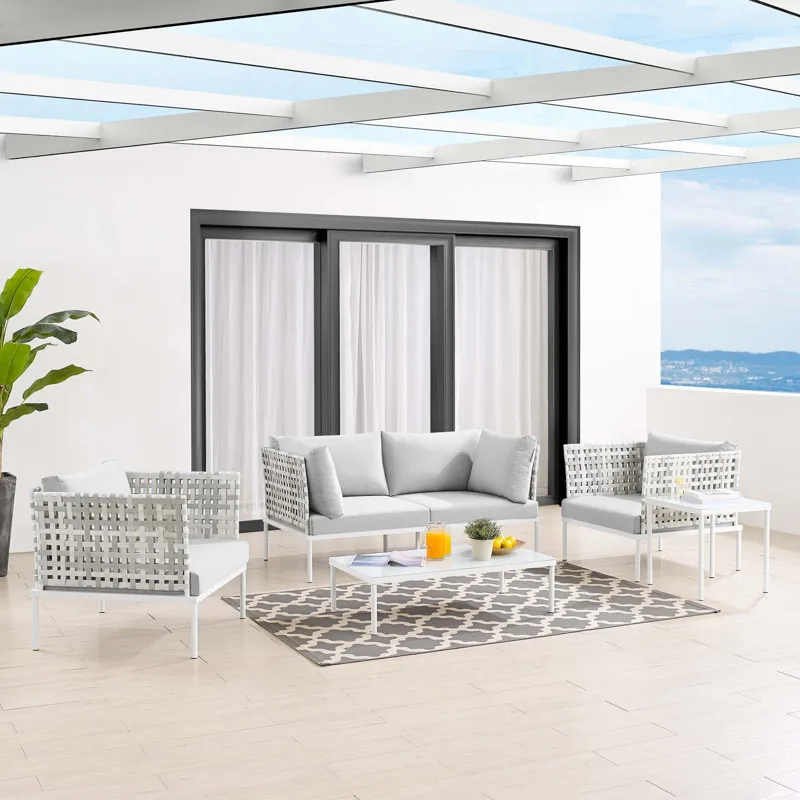 Harmony 5-Piece Sunbrella Basket Weave Outdoor Patio Aluminum Seating Set