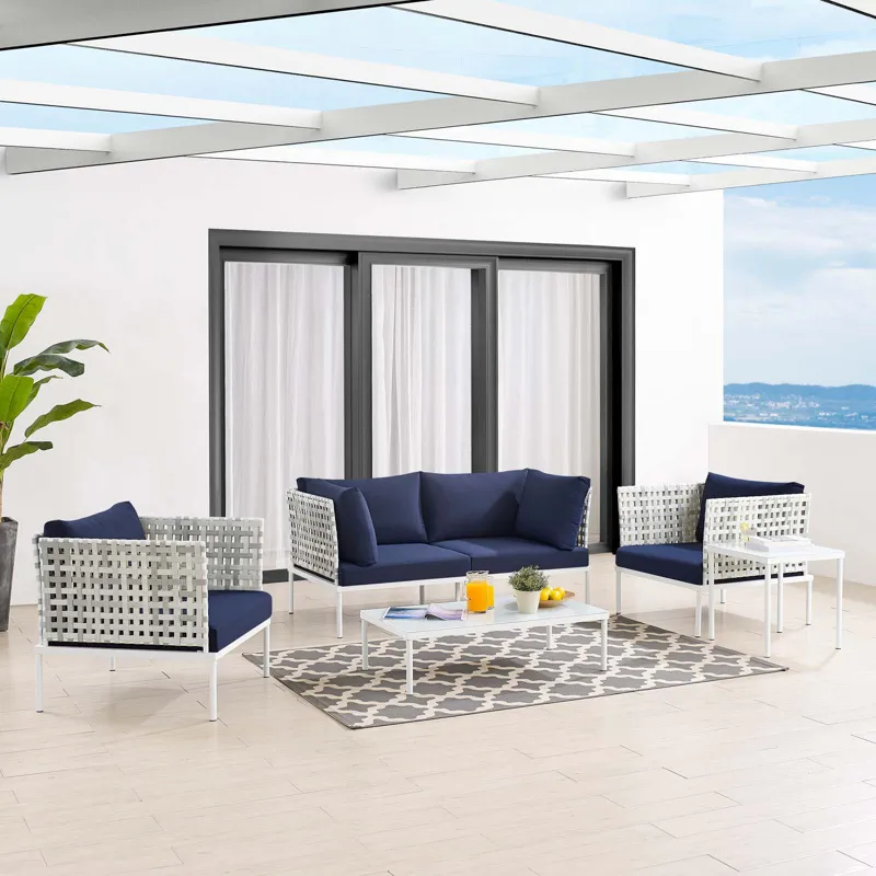 Harmony 5-Piece Sunbrella Basket Weave Outdoor Patio Aluminum Seating Set