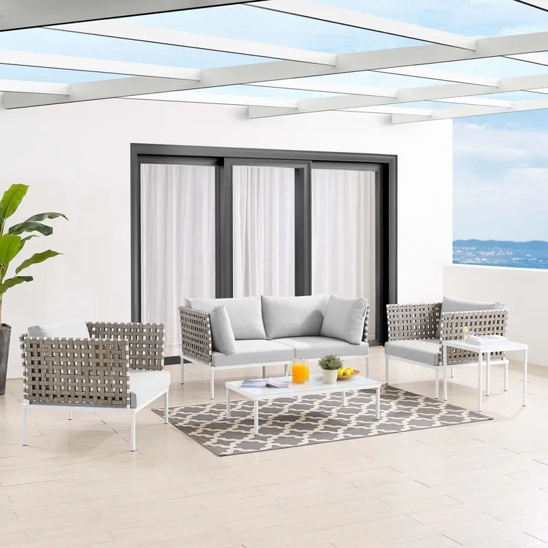 Harmony 5-Piece Sunbrella Basket Weave Outdoor Patio Aluminum Seating Set