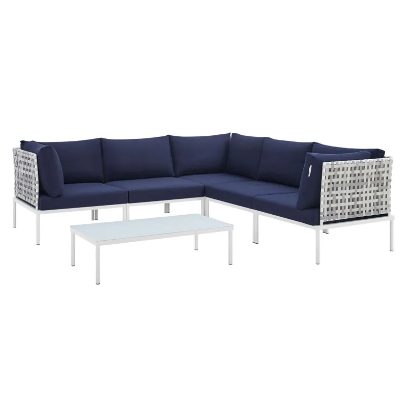 Harmony 6-Piece Sunbrella Basket Weave Outdoor Patio Aluminum Sectional Sofa Set