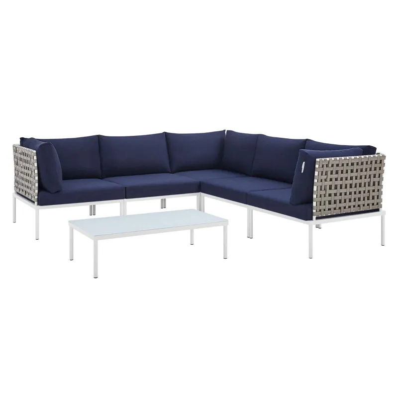Harmony 6-Piece Sunbrella Basket Weave Outdoor Patio Aluminum Sectional Sofa Set