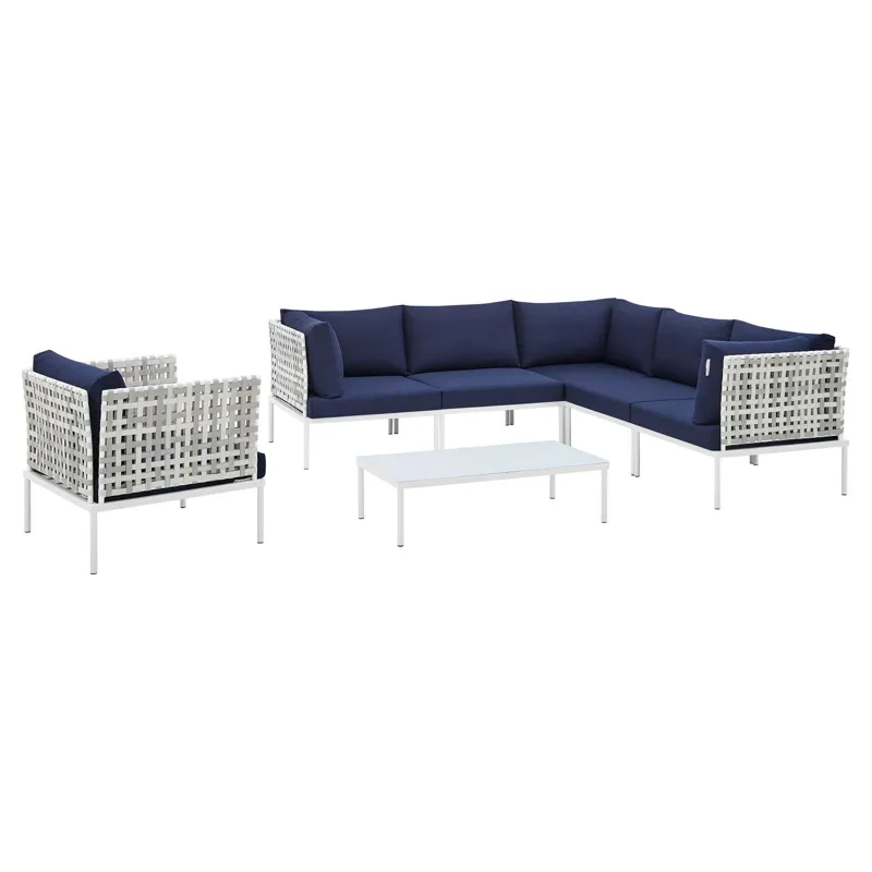 Harmony 7-Piece Sunbrella Basket Weave Outdoor Patio Aluminum Sectional Sofa Set