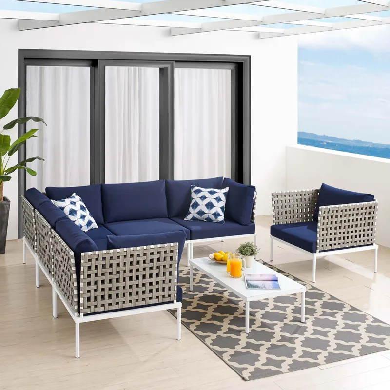 Harmony 7-Piece Sunbrella Basket Weave Outdoor Patio Aluminum Sectional Sofa Set