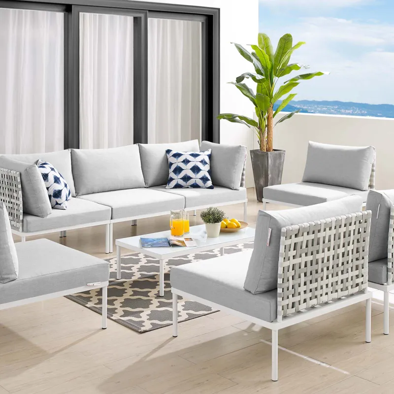 Harmony 8-Piece Sunbrella Basket Weave Outdoor Patio Aluminum Sectional Sofa Set