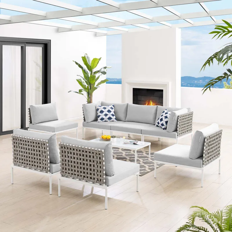 Harmony 8-Piece Sunbrella Basket Weave Outdoor Patio Aluminum Sectional Sofa Set