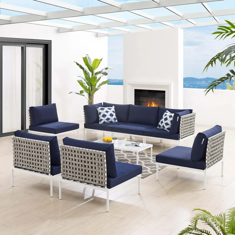 Harmony 8-Piece Sunbrella Basket Weave Outdoor Patio Aluminum Sectional Sofa Set