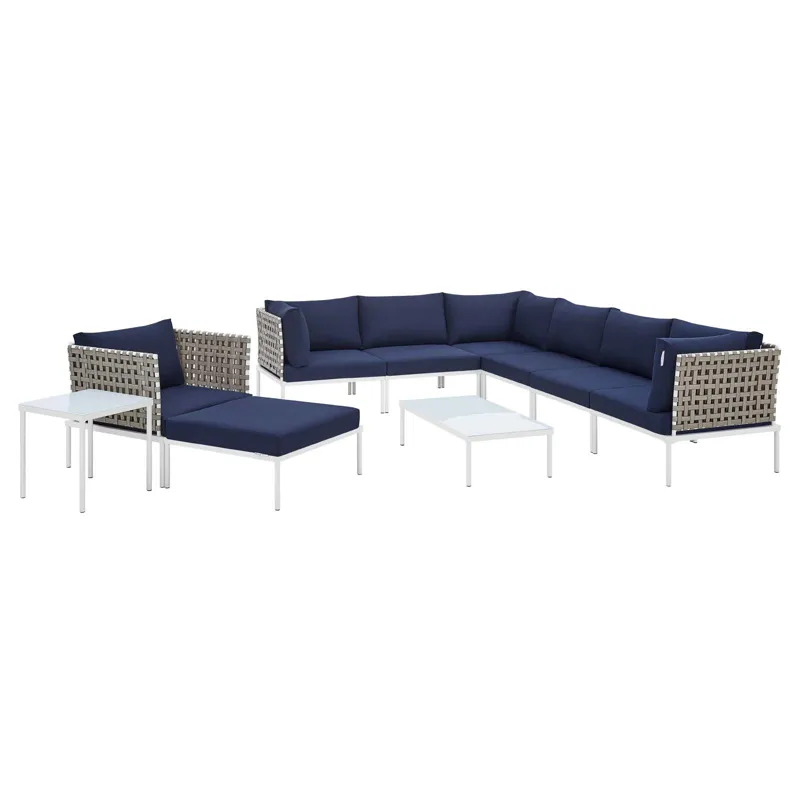 Harmony 10-Piece Sunbrella Basket Weave Outdoor Patio Aluminum Sectional Sofa Set