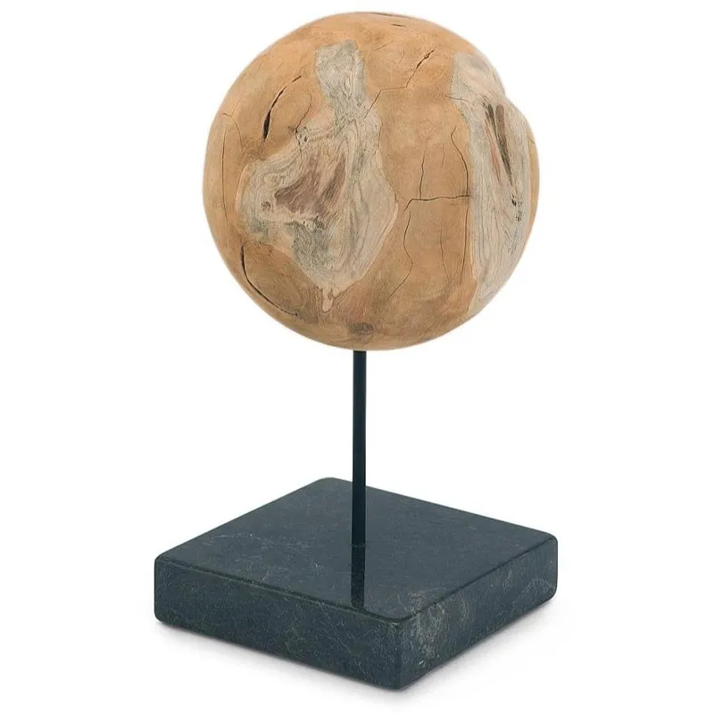 Round Teak Ball On Black Marble Base Large