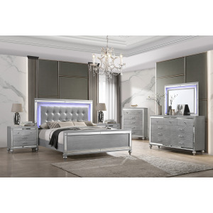 Valentino 6pcs Bed/Dresser/Mirror/Chest/2 Nightstands Silver - King
