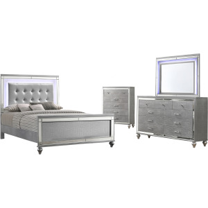Valentino 4pc Bed, R, R, H Silver - Queen