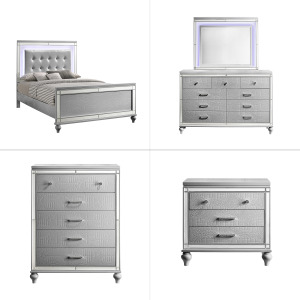 Valentino 5pc Bed, R, R, S, H Silver - Queen