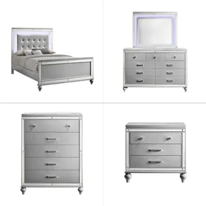 Valentino 5pc Bed, R, R, S, H Silver - Queen