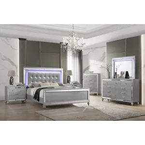 Valentino 6pcs Bed/Dresser/Mirror/Chest/2 Nightstands Silver - Queen