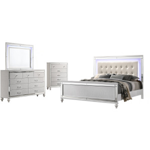 Valentino 4pc Bed, R, R, H White - Queen