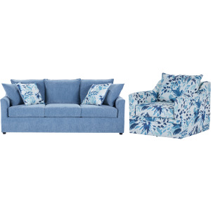 Sylvie 2 PC Sofa-Blue & Swivel Chair Blue And White Print