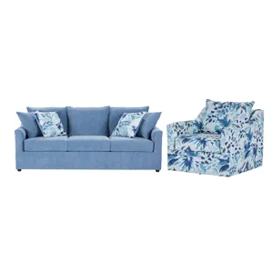 Sylvie 2 PC Sofa-Blue & Swivel Chair Blue And White Print