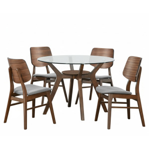 Oscar Round Glass Dining Table W 4 Gray Cushion Chairs