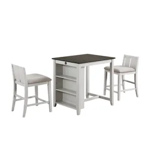 Heston 36" Storage Counter Table Set W/2 Chairs-White/Gray