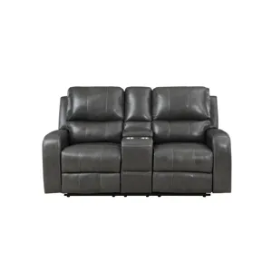 Linton Leather Console Loveseat W/ Dual Recliners-Gray