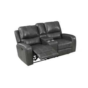 Linton Leather Console Loveseat W/ Dual Recliners-Gray