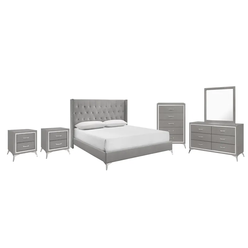 Huxley 6/6 Ek 6pcs B/Dresser/Mirror/Chest/2 Nightstands Gray