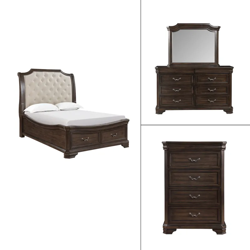 Lyndhurst Walnut 5/0 Q 4pcs B/Dresser/Mirror Chest