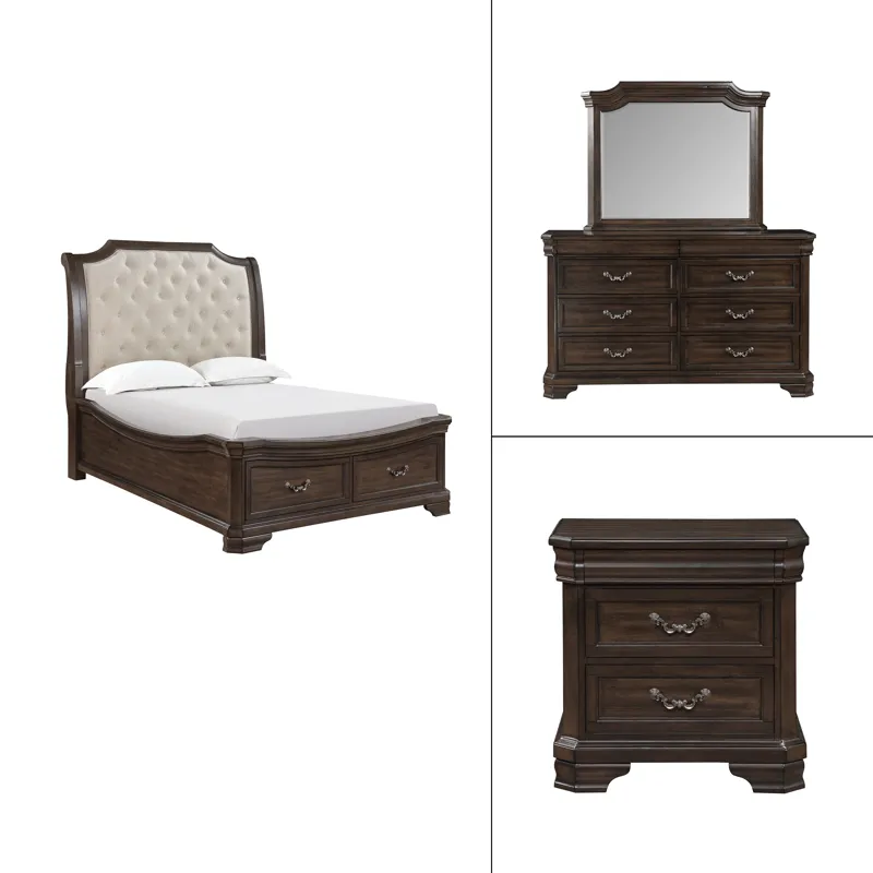 Lyndhurst Walnut 5/0 Q 4pcs B/Dresser/Mirror Nightstand