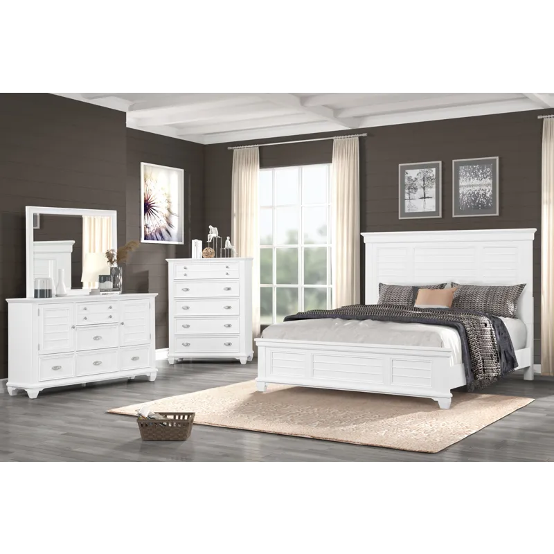 Jamestown 5/0 Q 4pc B/Dresser/Mirror Chest White