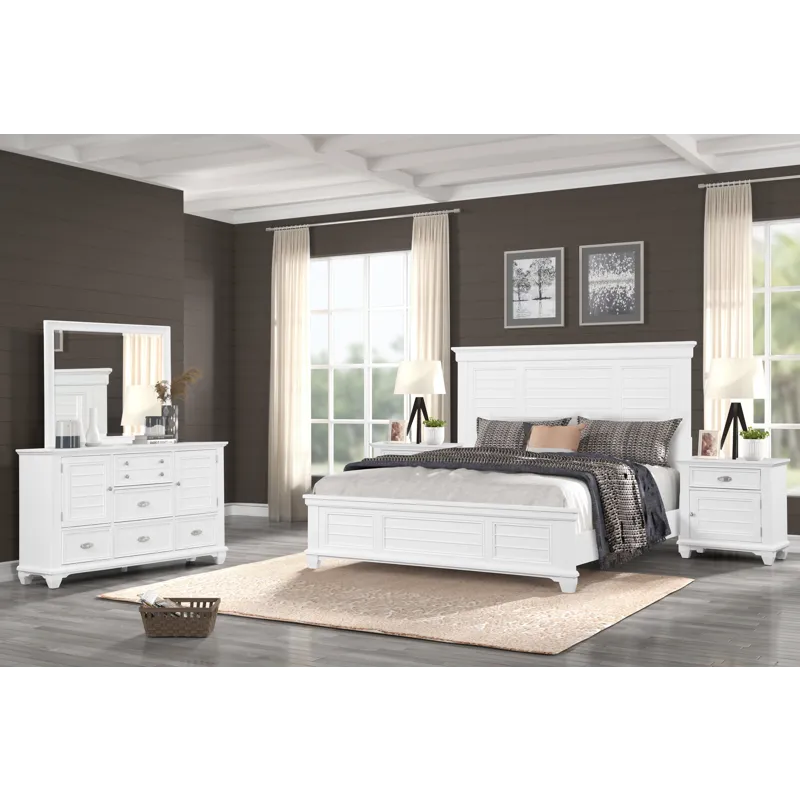 Jamestown 5/0 Q 5pc B/Dresser/Mirror 2 Nightstand White