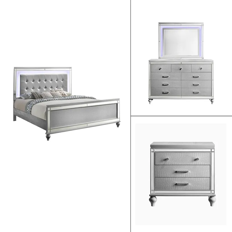 Valentino 4pc Bed, R, R, S Silver - King