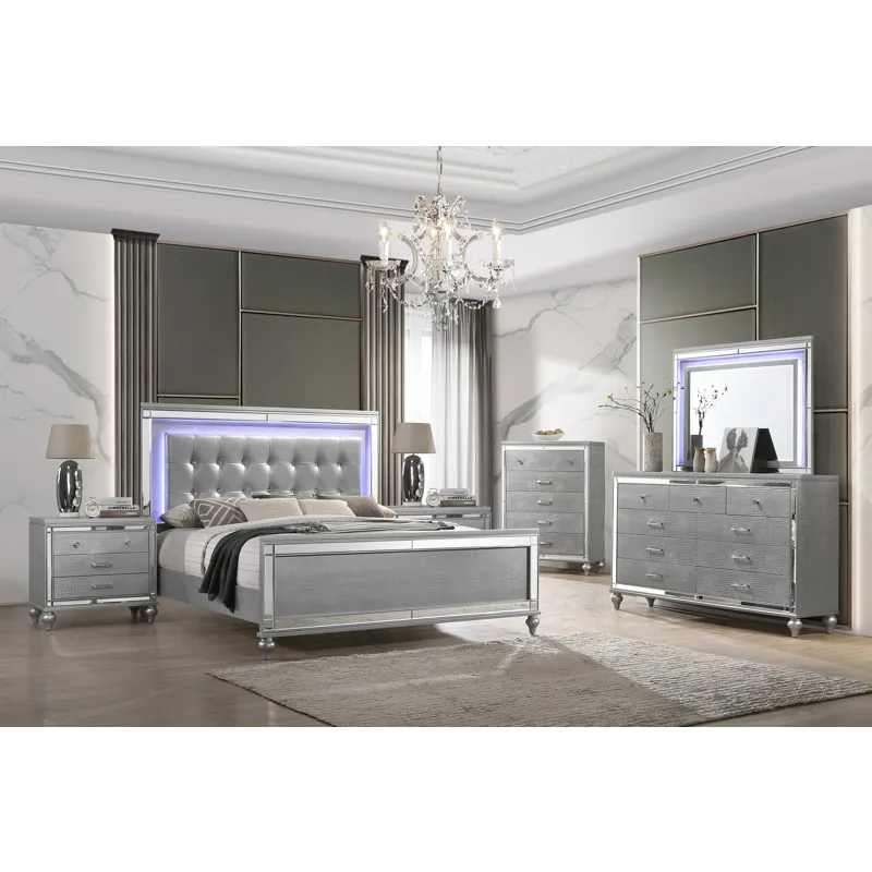 Valentino 6/6 Ek 6pcs B/Dresser/Mirror/Chest/2 Nightstands Silver