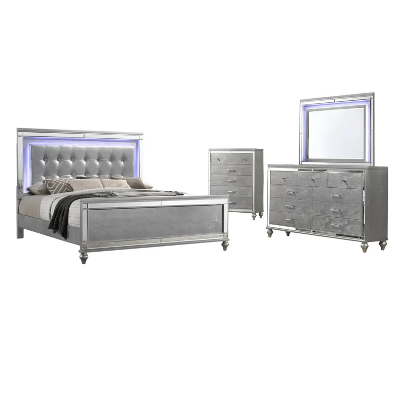 Valentino 4pc Bed, R, R, H Silver - California King