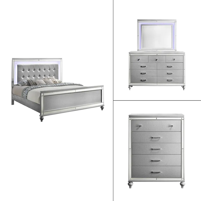 Valentino 4pc Bed, R, R, H Silver - California King