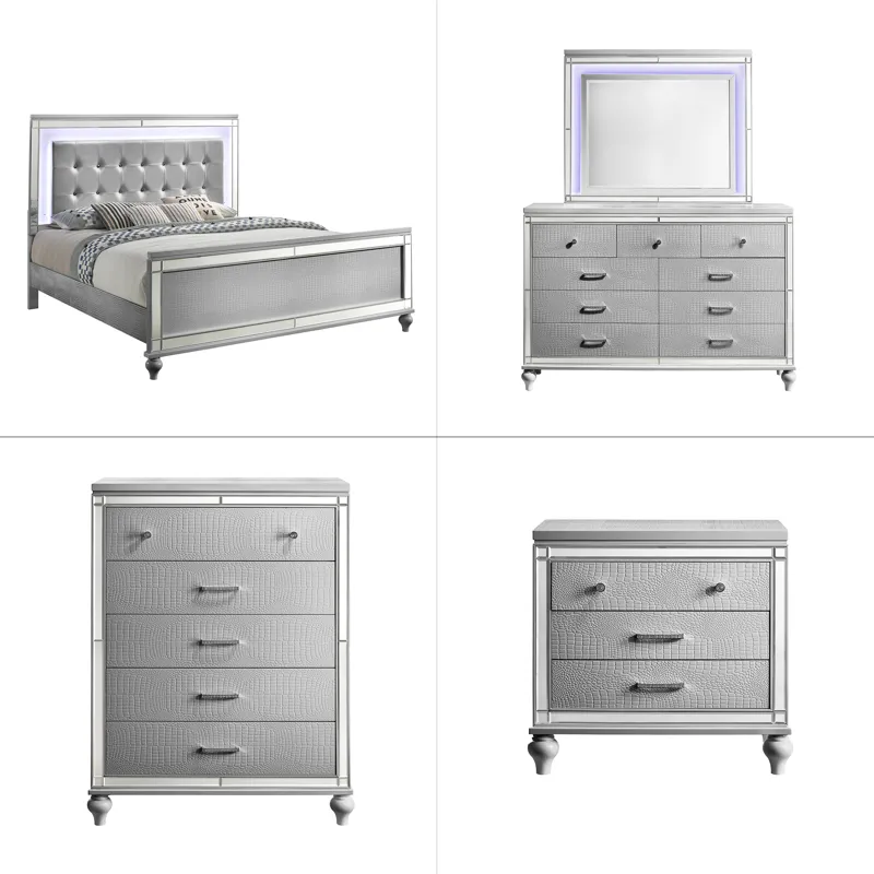 Valentino 5pc Bed, R, R, S, H Silver - California King