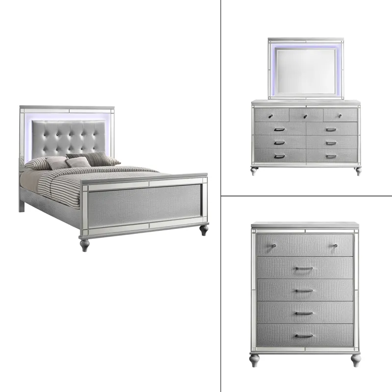 Valentino 4pc Bed, R, R, H Silver - Queen
