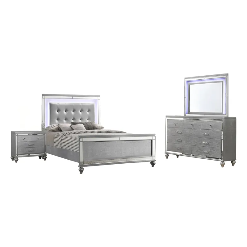 Valentino 4pc Bed, R, R, S Silver - Queen