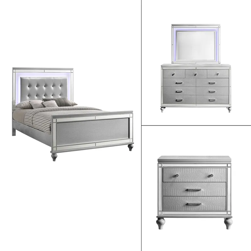 Valentino 4pc Bed, R, R, S Silver - Queen