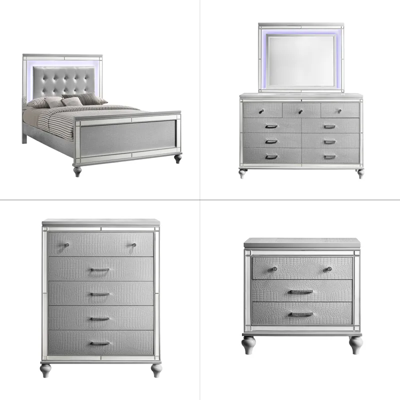 Valentino 5pc Bed, R, R, S, H Silver - Queen