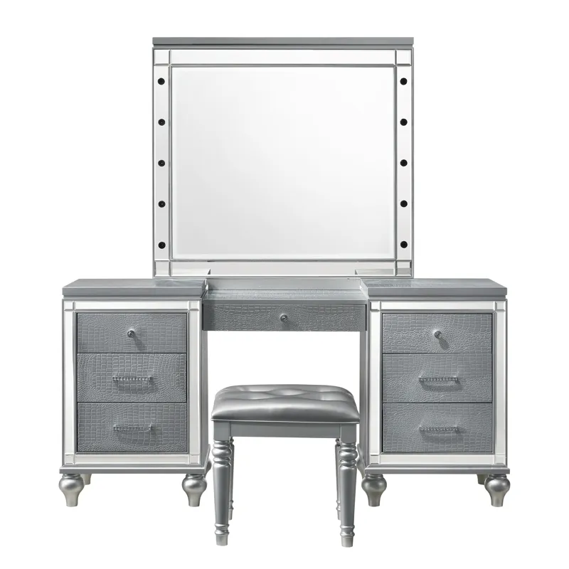 Valentino Vanity Table, Mirror & Stool Silver