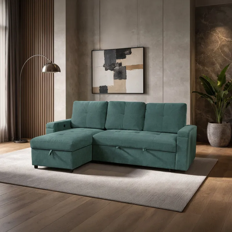 Breeze 2pcs 2 Seater Sleeper Sofa W Storage Chaise Gree