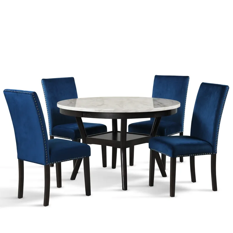 Celeste Round Dining Table W 4 Blue Chairs