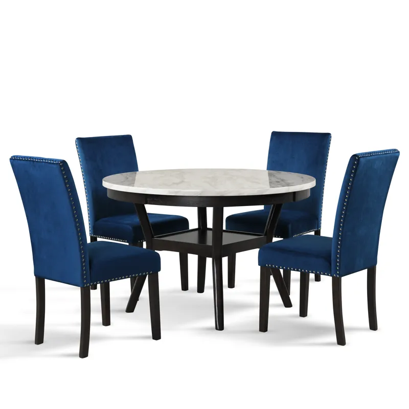 Celeste Round Dining Table W 4 Blue Chairs