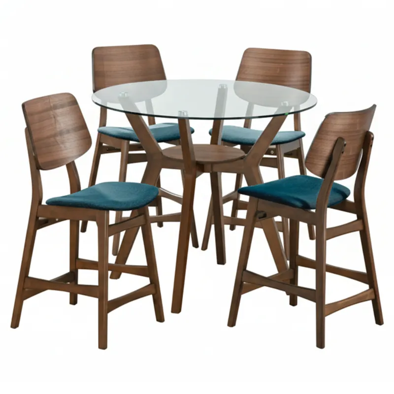 Oscar Round Glass Counter Table W 4 Teal Cushion Chairs
