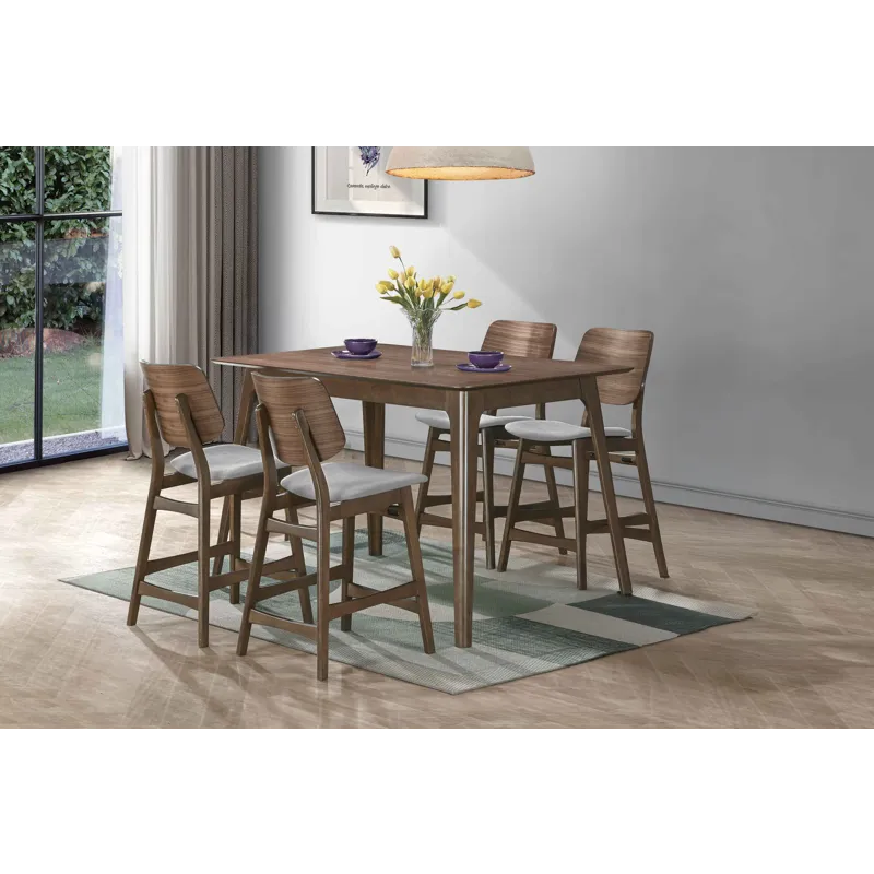 Oscar Counter Wood Table-Walnut W 4 Gray Cushion Chairs