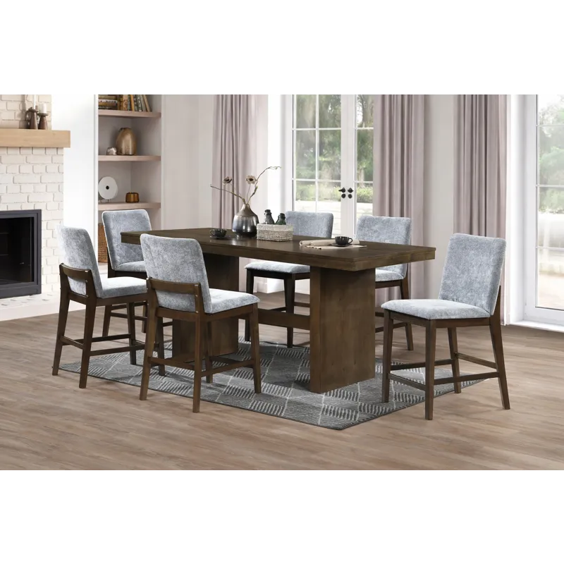 Kody Walnut Rectangle Counter Table w 6 Gray Chair