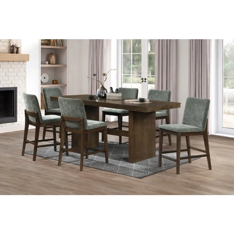 Kody Walnut Rectangle Counter Table w 6 Green Chair