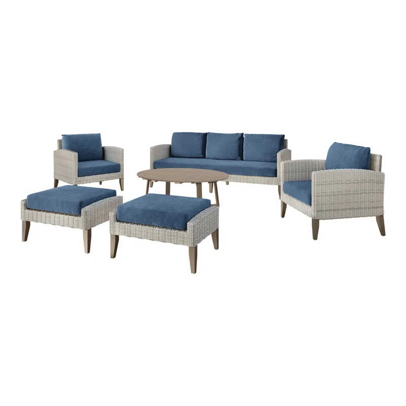 Carezza 6 PC Set-Sofa, 2 Chairs, Stools & Coffee Table-Blue