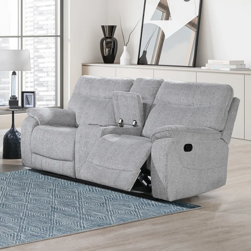 Chablis Reclining Console Loveseat-Mist Gray