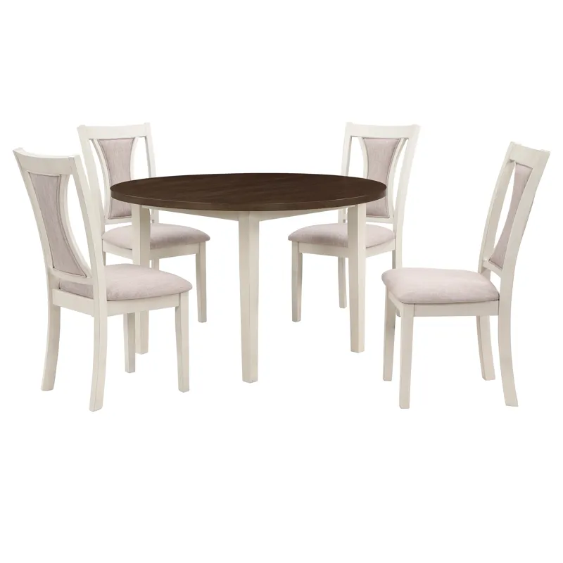 Hudson 48" Round Dining Table & 4 Chair Set-Brown/Creme